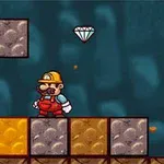 En tecknad figur med gul hjälm och röda hängselbyxor står på block vid sidan av en svävande diamant