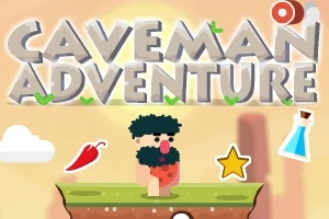 Tecknad grottman med mustasch och buskigt hår står på en gräsplätt omgiven av ikoner som stjärna, chilipeppar och dryckeflaska, med texten Caveman Adventure ovanför