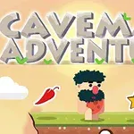Tecknad grottman med mustasch och buskigt hår står på en gräsplätt omgiven av ikoner som stjärna, chilipeppar och dryckeflaska, med texten Caveman Adventure ovanför
