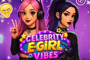 Två tecknade tjejer med rosa och lila hår poserar bredvid varandra framför en lila bakgrund med texten Celebrity E-Girl Vibes och emojis runtomkring
