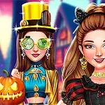 Två tecknade kvinnor i fantasifulla kostymer står framför en bakgrund med halloween-tema, den ena håller en jack-o-lantern och den andra har en chokermedaljong med texten Puddin