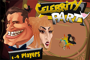 Karikatyrteckningar av människor med stora huvuden och texten Celebrity Party i färgglada bokstäver