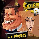 Karikatyrteckningar av människor med stora huvuden och texten Celebrity Party i färgglada bokstäver