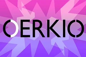 Färgglatt gradientbakgrund med texten OERKIO i svart