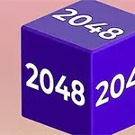 En lila kub med siffrorna 2048 på alla synliga sidor, mot en ljusrosa bakgrund