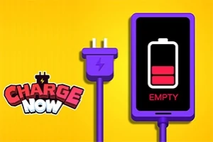 Lila laddare och telefon med röd batterisymbol på svart skärm, gul bakgrund