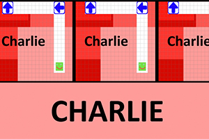 Tre paneler med röd bakgrund visar ordet Charlie och pilar som pekar i olika riktningar, med en stor text CHARLIE längst ner