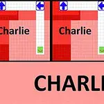 Tre paneler med röd bakgrund visar ordet Charlie och pilar som pekar i olika riktningar, med en stor text CHARLIE längst ner