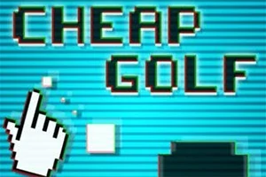 En pixlad datormuspekare pekar på texten CHEAP GOLF mot en turkosrandig bakgrund