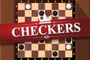 Brädspel med schackrutor och svarta och vita spelpjäser, täckt av en röd banner med text
