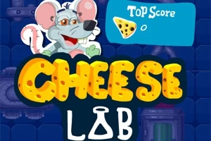 En tecknad mus med glasögon och texten Cheese Lab i gula bokstäver mot en blå bakgrund