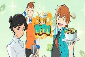 Tre animerade kockar i färgglada kläder med köksredskap och texten Chef Hero i bakgrunden