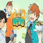 Tre animerade kockar i färgglada kläder med köksredskap och texten Chef Hero i bakgrunden