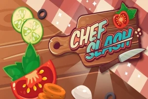 Illustration av en träskärbräda med texten Chef Slash, omgiven av skivade grönsaker och örter på en rutig duk