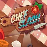 Illustration av en träskärbräda med texten Chef Slash, omgiven av skivade grönsaker och örter på en rutig duk
