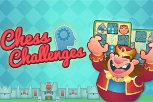 Tecknad kung i röd klädsel håller upp ett schackbräde framför en turkos bakgrund med texten Chess Challenges