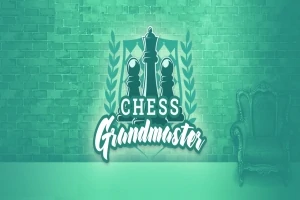 Logotyp för Chess Grandmaster med schackpjäser och en kungakrona mot en tegelväggsbakgrund