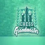 Logotyp för Chess Grandmaster med schackpjäser och en kungakrona mot en tegelväggsbakgrund