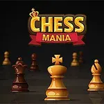Schackpjäser i olika färger är uppställda på ett schackbräde med texten CHESS MANIA ovanför