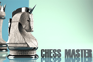 En detaljerad schackhäst bredvid texten Chess Master mot en turkos bakgrund
