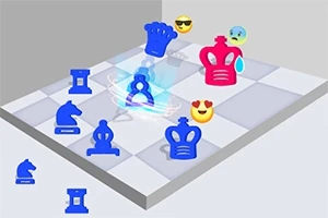 Blå och röda schackpjäser med uttrycksfulla emojis på ett schackbräde i 3D-miljö
