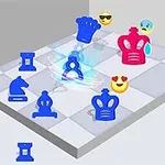Blå och röda schackpjäser med uttrycksfulla emojis på ett schackbräde i 3D-miljö