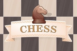 Ett brunt schackhäststycke ovanför en banderoll med texten CHESS mot en schackrutig bakgrund
