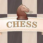 Ett brunt schackhäststycke ovanför en banderoll med texten CHESS mot en schackrutig bakgrund