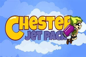 Tecknad figur med grönt hår bär en lila jetpack mot en bakgrund av moln, med texten Chester Jet Pack