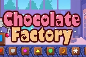 Texten Chocolate Factory i lekfulla bokstäver med hjärtan inuti, mot en bakgrund av en tecknad fabriksmiljö