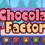 Texten Chocolate Factory i lekfulla bokstäver med hjärtan inuti, mot en bakgrund av en tecknad fabriksmiljö