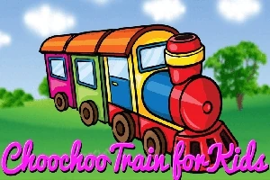 Färgglatt ritad leksakståg med texten Choochoo Train for Kids framför en grönskande bakgrund