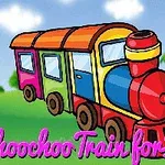 Färgglatt ritad leksakståg med texten Choochoo Train for Kids framför en grönskande bakgrund