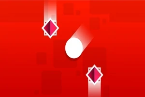 Vit cirkel med rörelseeffekt mellan två rosa, diamantformade objekt på en röd bakgrund
