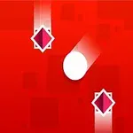 Vit cirkel med rörelseeffekt mellan två rosa, diamantformade objekt på en röd bakgrund