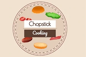 Illustration av en hamburgare under montering med bröd, sallad, tomat och köttbitar samt texten Chopstick Cooking