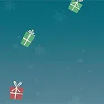 Fallande julklappar mot en blå bakgrund med snöflingemönster