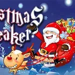 Jultomten i släde med färgglada presenter, snöflingor och en ren i en festlig vinterlandskap