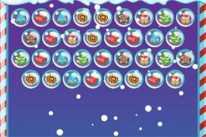 Klapprunda juldekorationer, godisar och snögubbar i färgglada bubblor mot en blå bakgrund med snöflingor