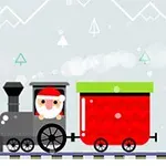 Tecknad tomte i ett litet tåg med ett rött vagn på en snöig bakgrund med berg och träd