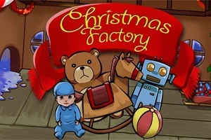 Ett tecknat julmotiv med en teddybjörn, en robot, en gunghäst och ett barn i en blå pyjamas, samt texten Christmas Factory på en röd banderoll
