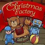 Ett tecknat julmotiv med en teddybjörn, en robot, en gunghäst och ett barn i en blå pyjamas, samt texten Christmas Factory på en röd banderoll