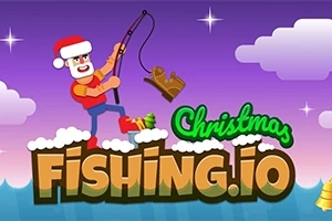En tecknad figur i tomteluva fiskar upp en släde med en fiskespö under texten Christmas Fishing