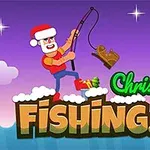 En tecknad figur i tomteluva fiskar upp en släde med en fiskespö under texten Christmas Fishing