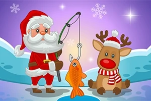 Jultomten håller ett metspö med en guldfisk i sällskap av en ren, mot en vinterbakgrund med snöflingor