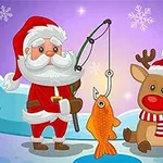 Jultomten håller ett metspö med en guldfisk i sällskap av en ren, mot en vinterbakgrund med snöflingor