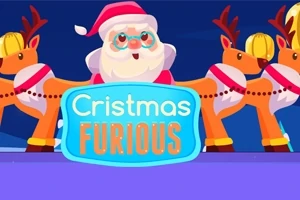 Tomte med röd luva och renar i bakgrunden, texten Cristmas Furious i förgrunden