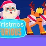 Tomte med röd luva och renar i bakgrunden, texten Cristmas Furious i förgrunden