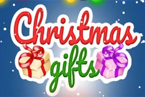 Texten Christmas gifts i färgglad stil med två inslagna presenter mot en blå bakgrund med snöflingor