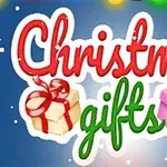 Texten Christmas gifts i färgglad stil med två inslagna presenter mot en blå bakgrund med snöflingor